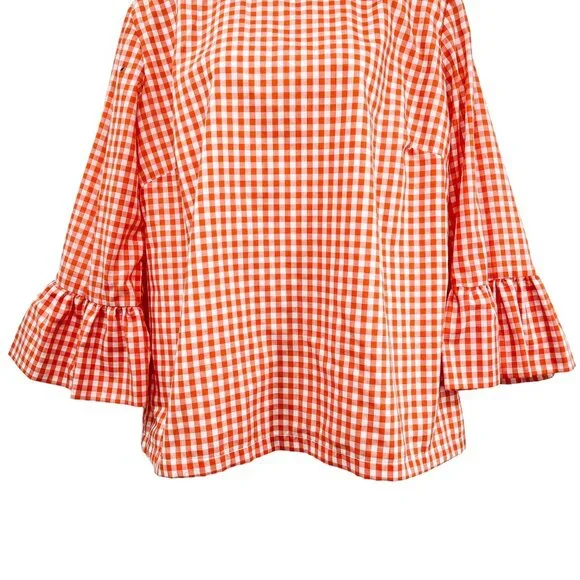 Elizabeth Wilson Katherine Top Gingham Plaid Check Ruffle Neck Orange White XL - Picture 5 of 9